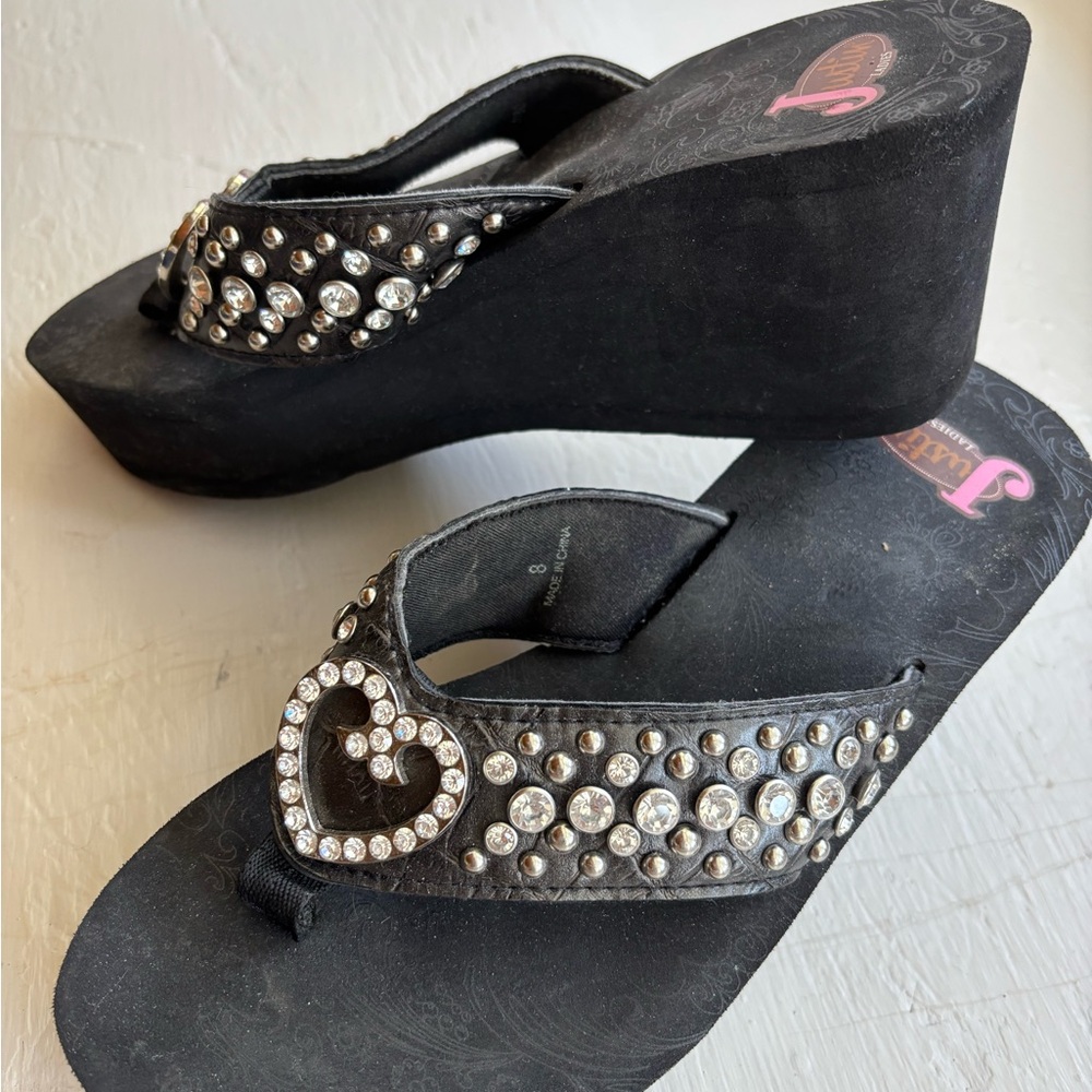Justin Boots Black Rhinestone Wedge Sandals